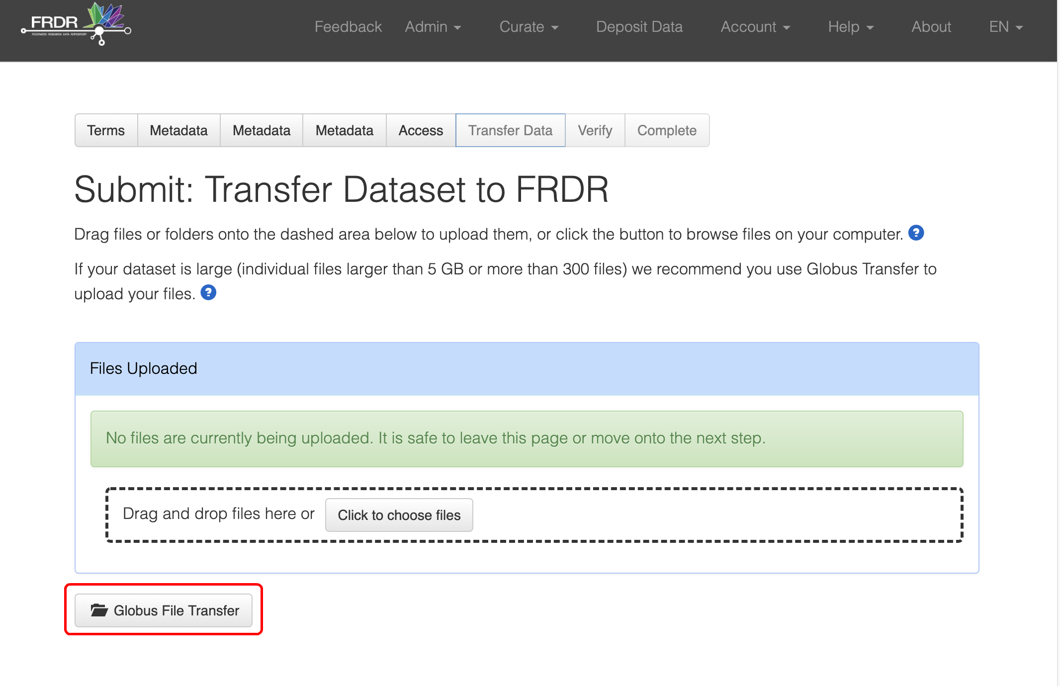 Screenshot of highlighting Globus File Transfer button on Transfer Data tab