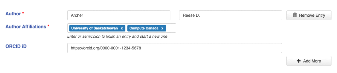 Screenshot showing given name, family name, author affiliations and orcid id filled in for deposit interface